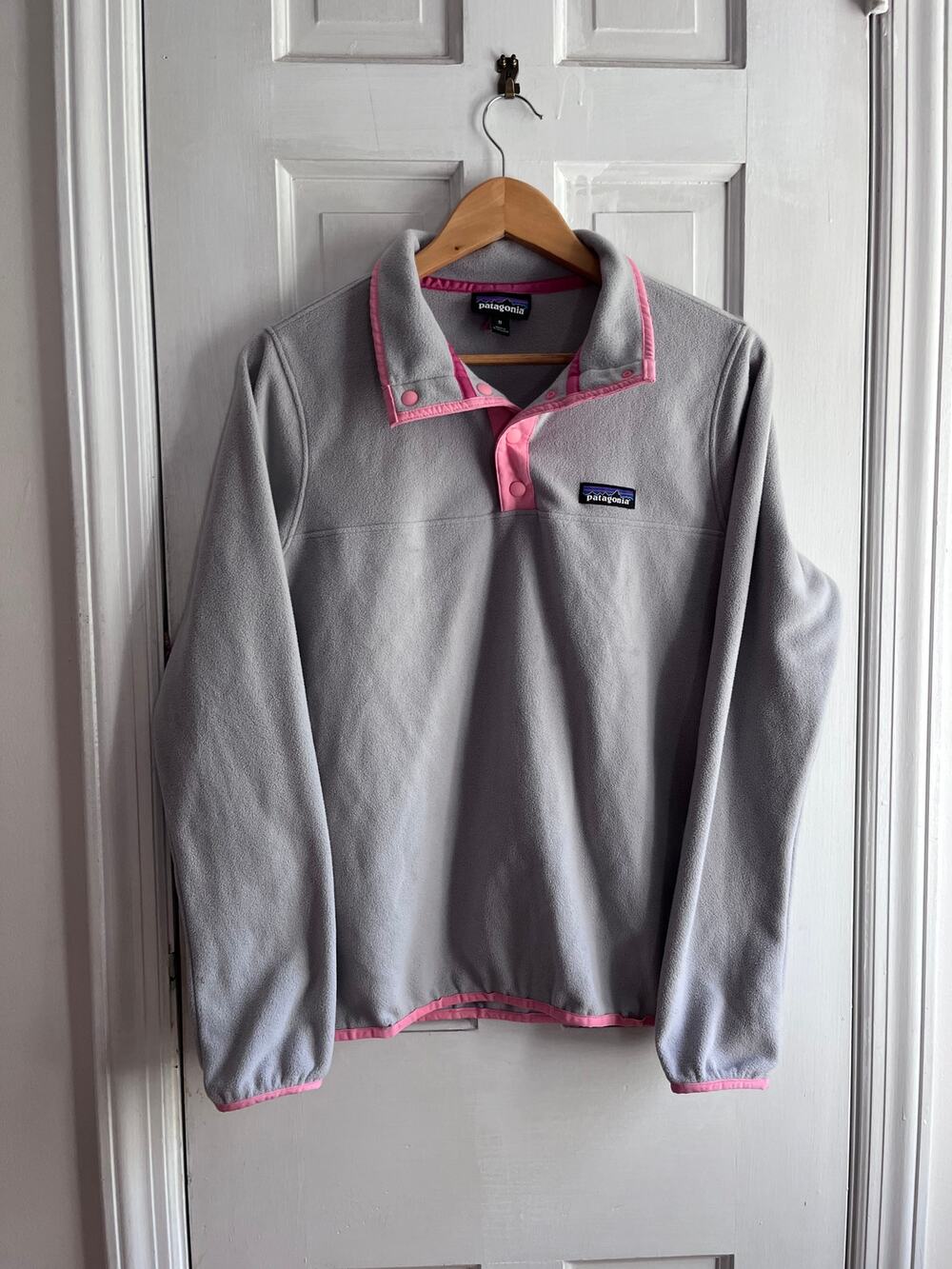 Patagonia Micro D Snap-T Fleece Pullover Heather Grey Pink Trim Women M